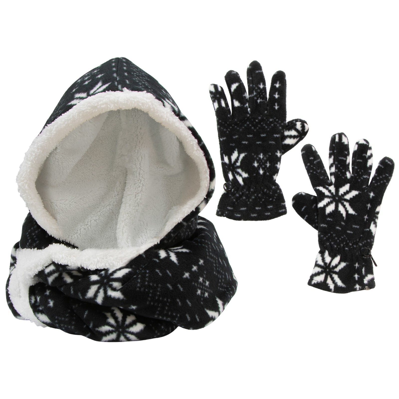 Gold Coast Snowflake Fleece Hooded Scarf and Glove Set in Black and White