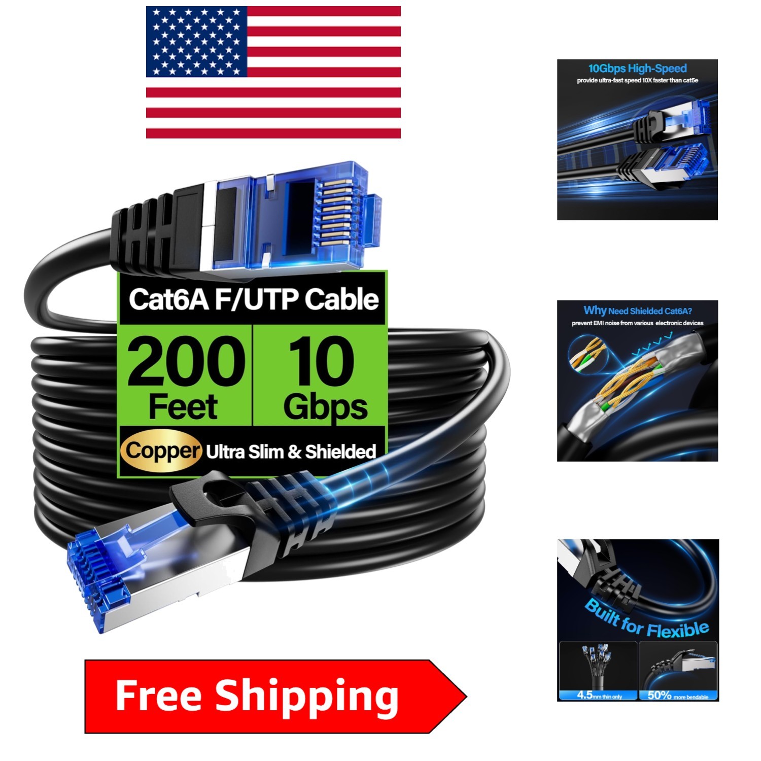 Ultra-Flexible 200ft Cat6A Ethernet Cable - 10Gbps Shielded F/UTP for Gaming