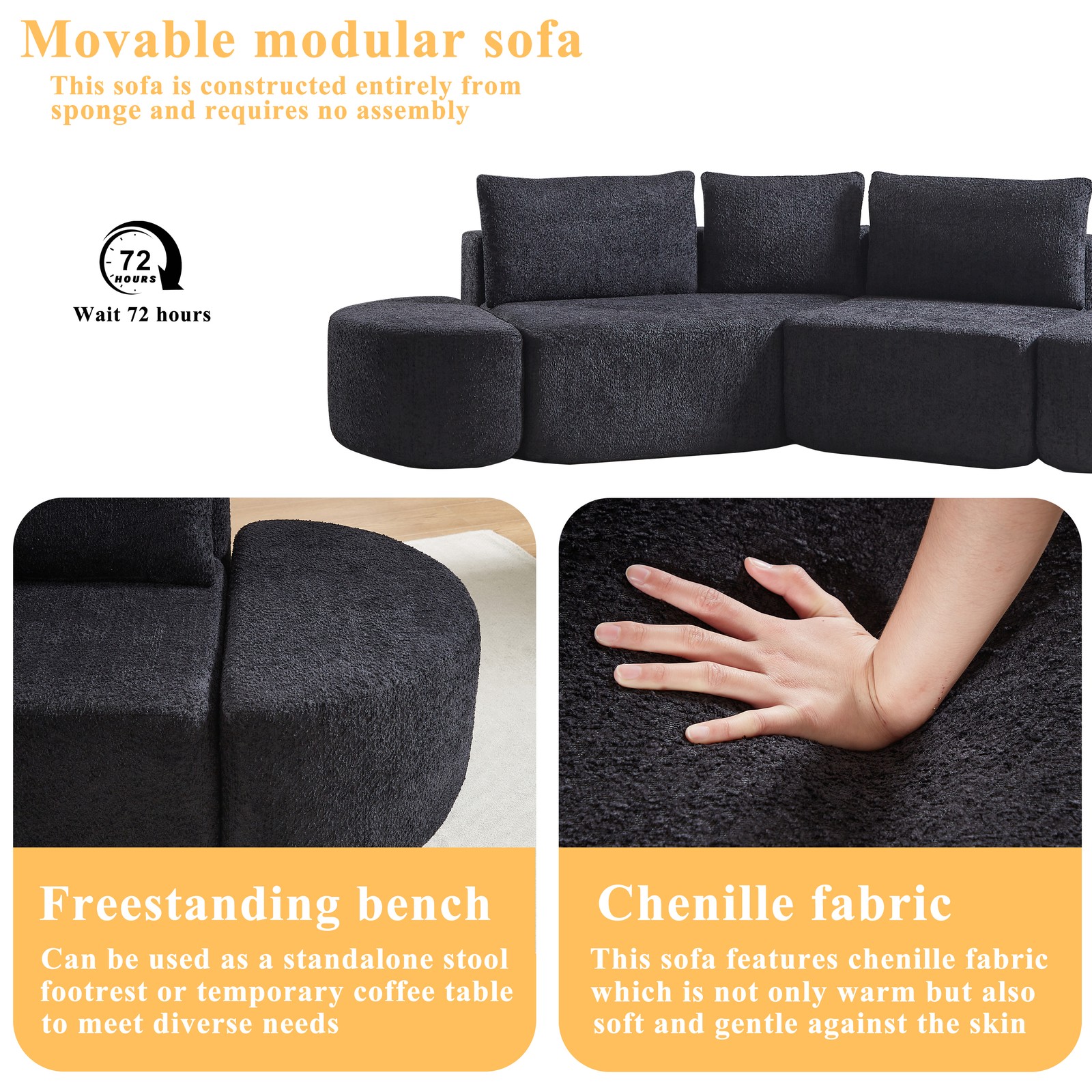 106.3-inch V-shaped modular sofa set in chenille fabric, featuring three throw p