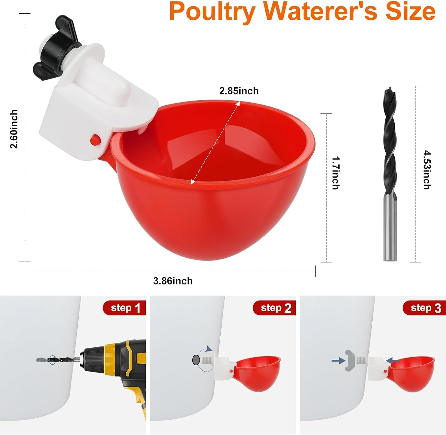 6 Pack Automatic Chicken Waterer Cups Poultry Water Feeder with Drill Kit