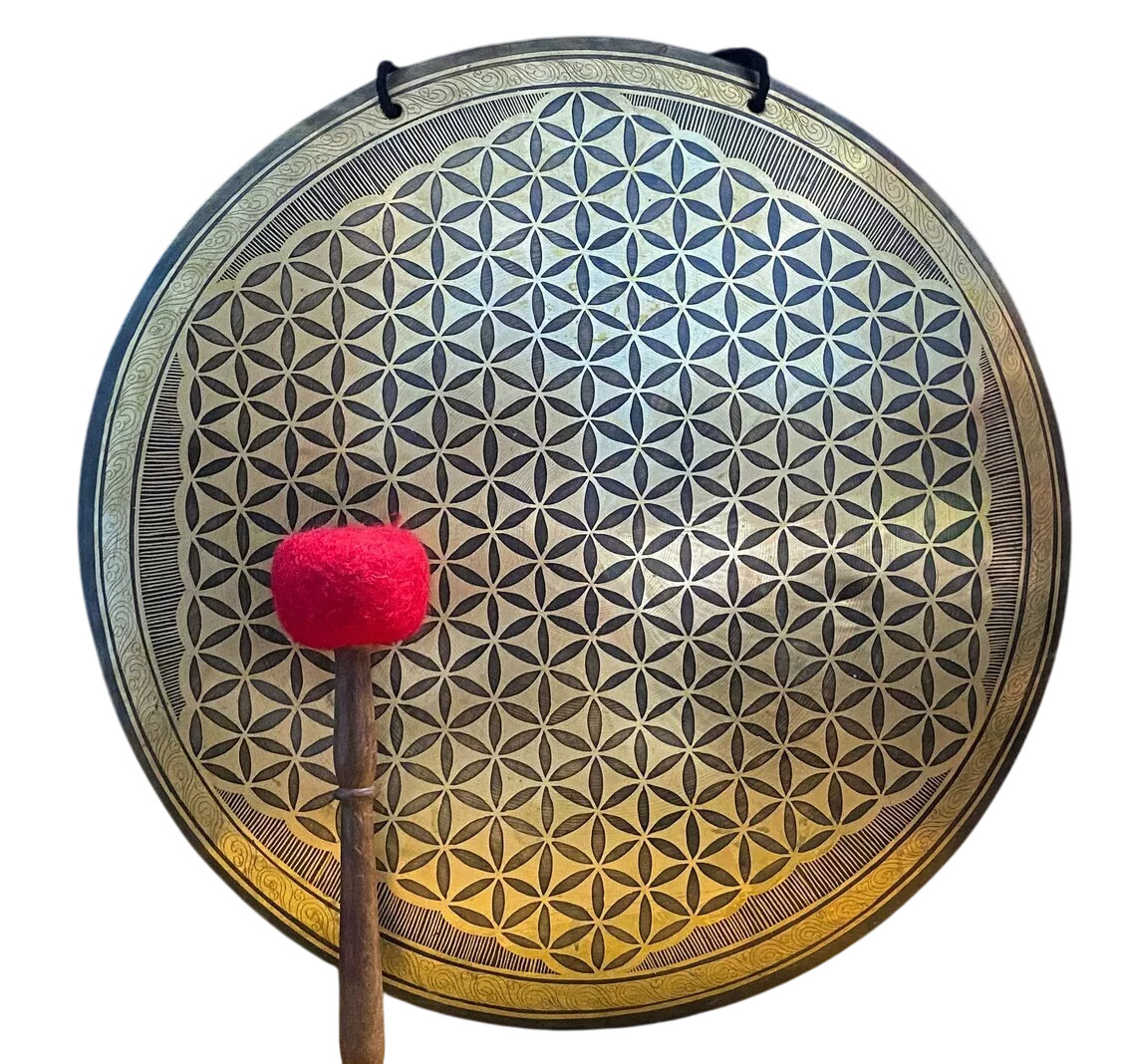 24 inches Flower of Life Etching Carving Gong, Handmade Sound Therapy, Yoga Gong