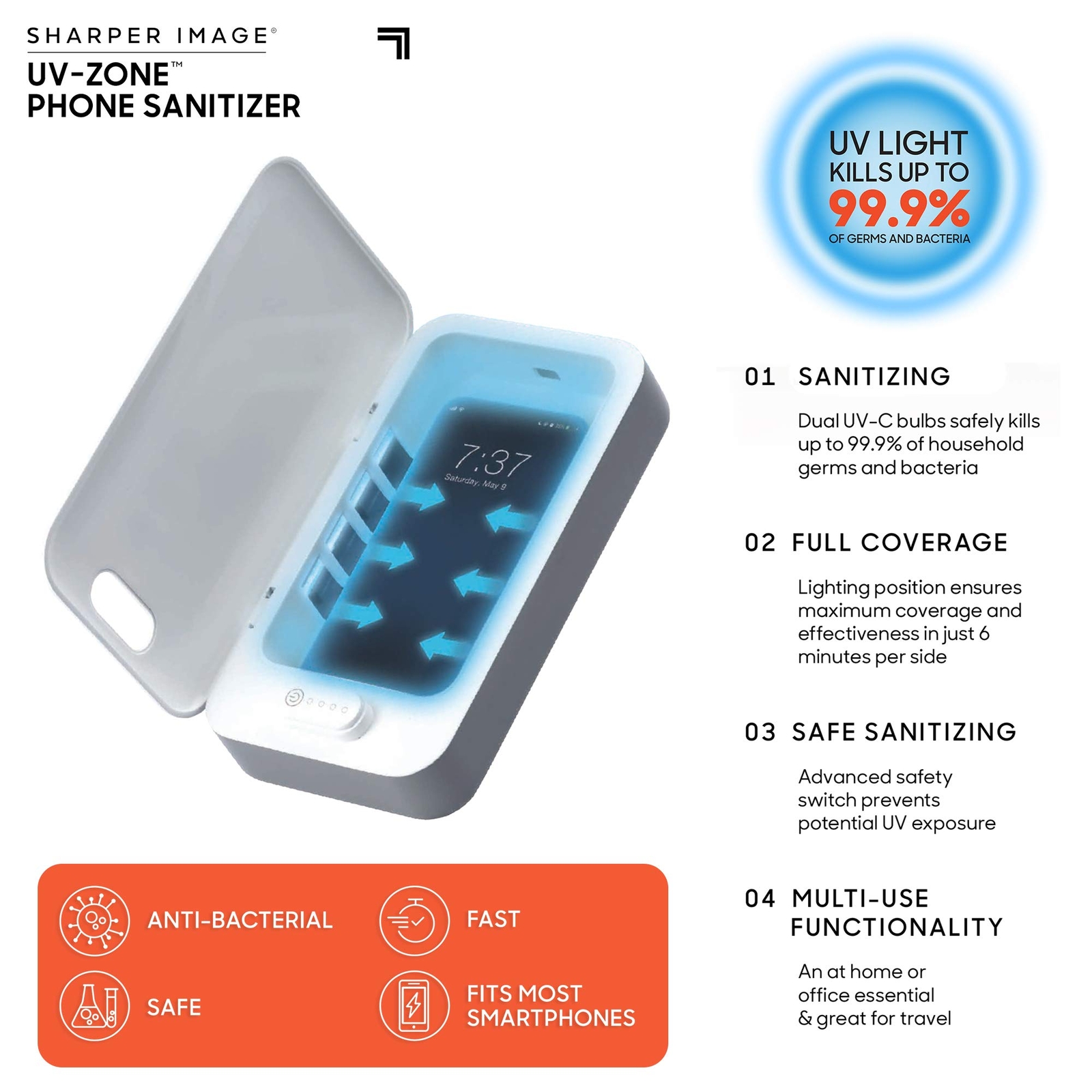 UV Zone Phone Sanitizer by Sharper Image - Sanitize & Kill Bacteria on