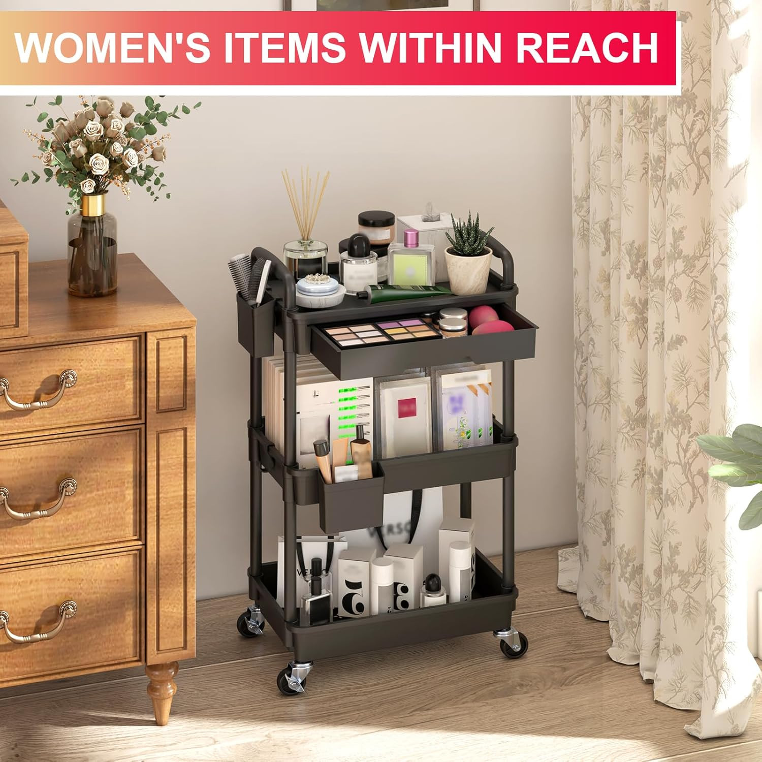 3 Tier Rolling Utility Cart Organizer with Removable Drawer, Stable and Sturdy B