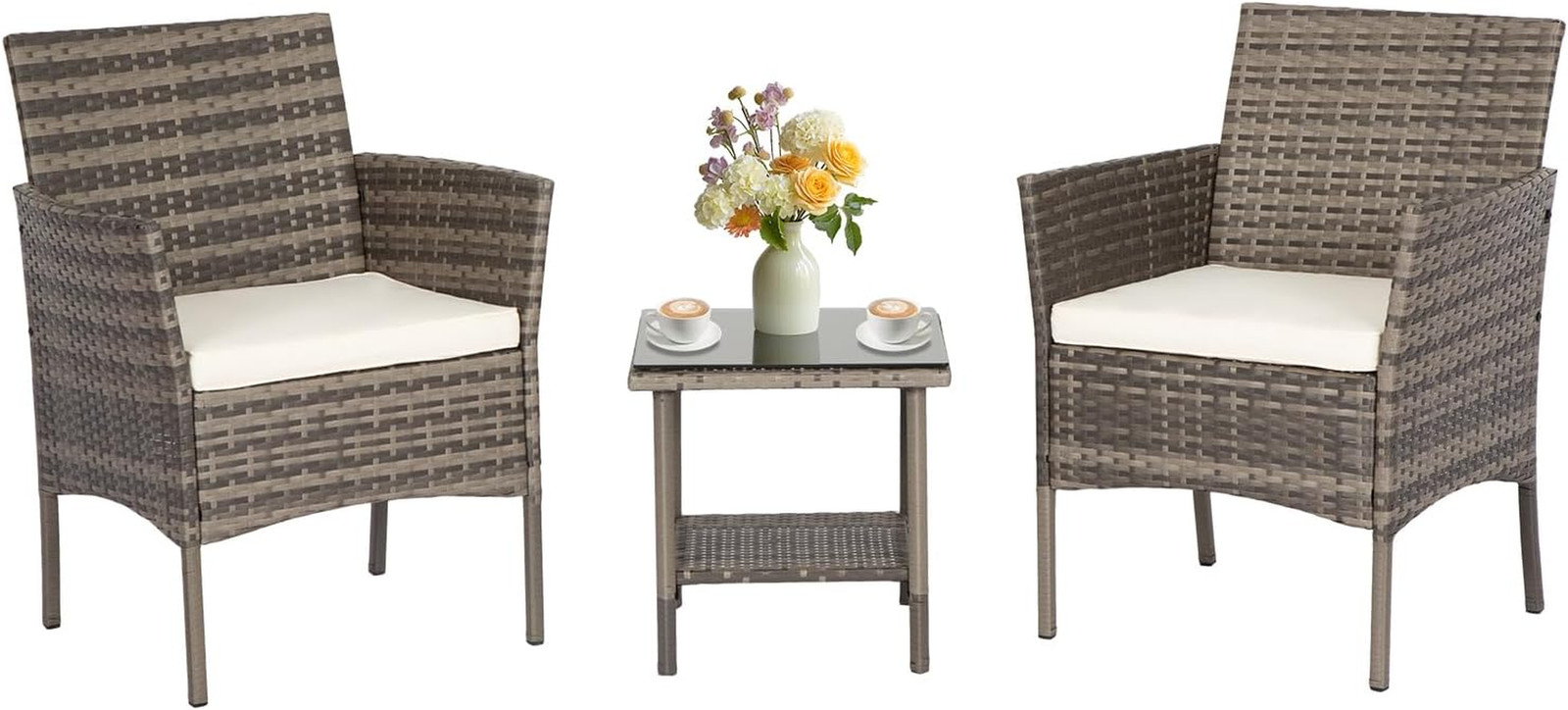 3 Piece Outdoor Furniture Set Patio Gray Wicker Chairs Furniture Bistro Conversa