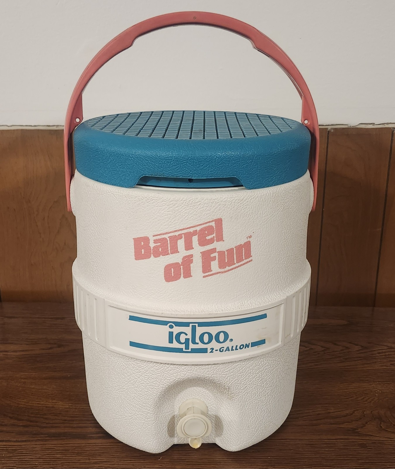 Vintage Igloo Barrel Of Fun Jug 2 Gallon Cooler Teal Pink With Inside Tray 1990s