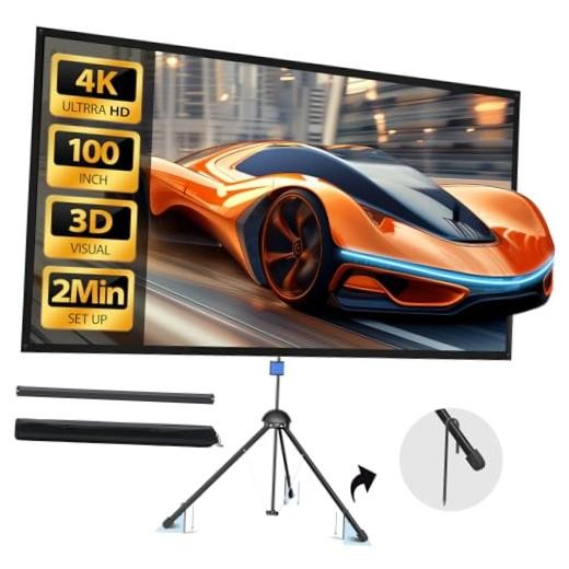 Projector Screen with Stand - 100" Indoor/Outdoor 16:9, 4K HD PVC 100 INCH