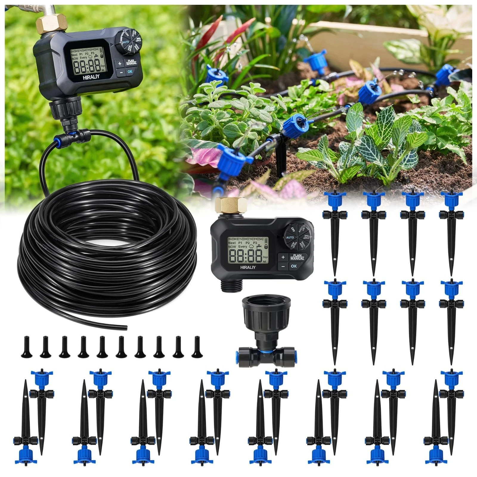 HIRALIY 100FT Drip Irrigation System with Timer, 24 Adjustable Emitters
