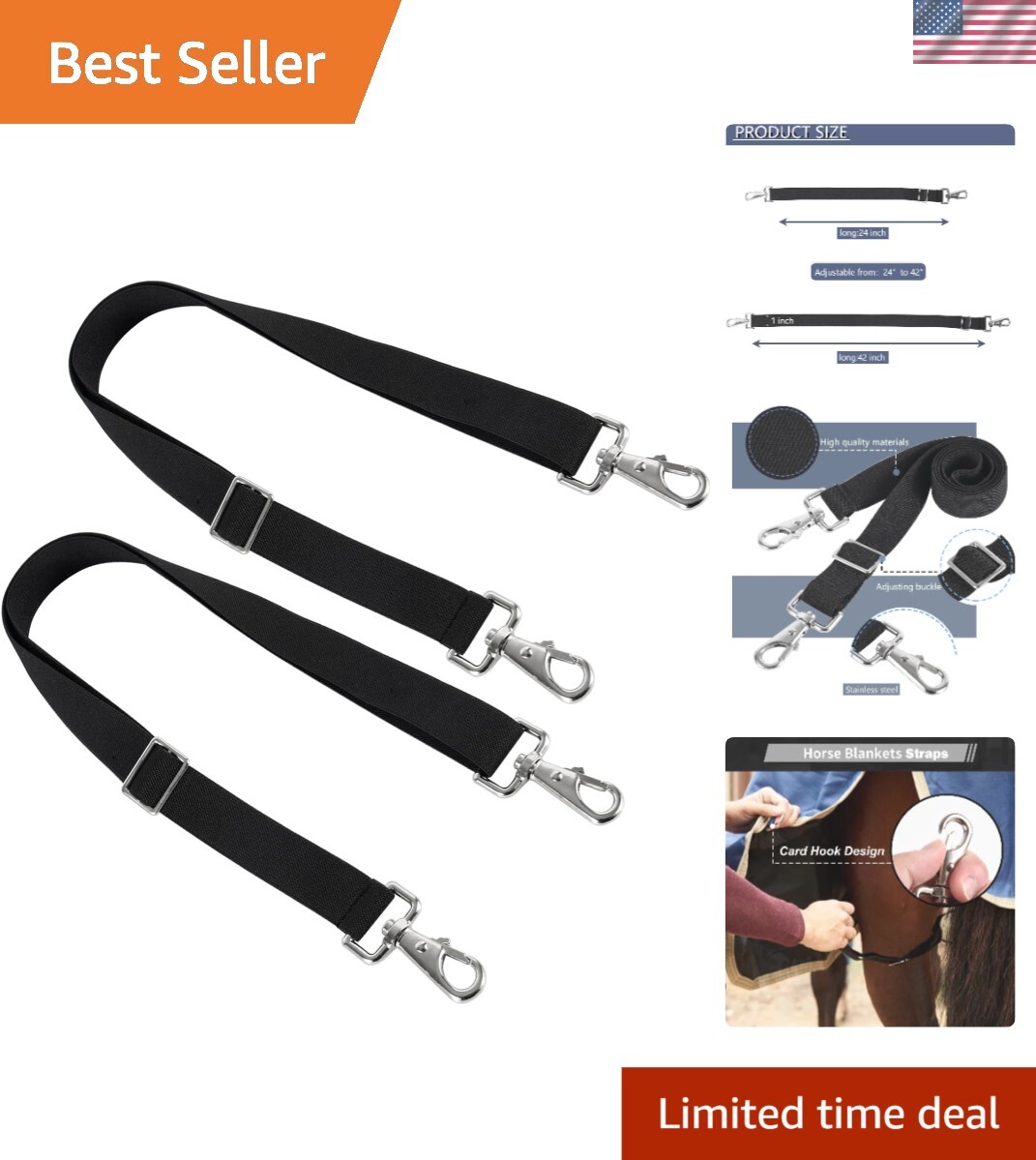Corrosion-Resistant Double Swivel Snaps Horse Blanket Straps, 2 Pcs, Black