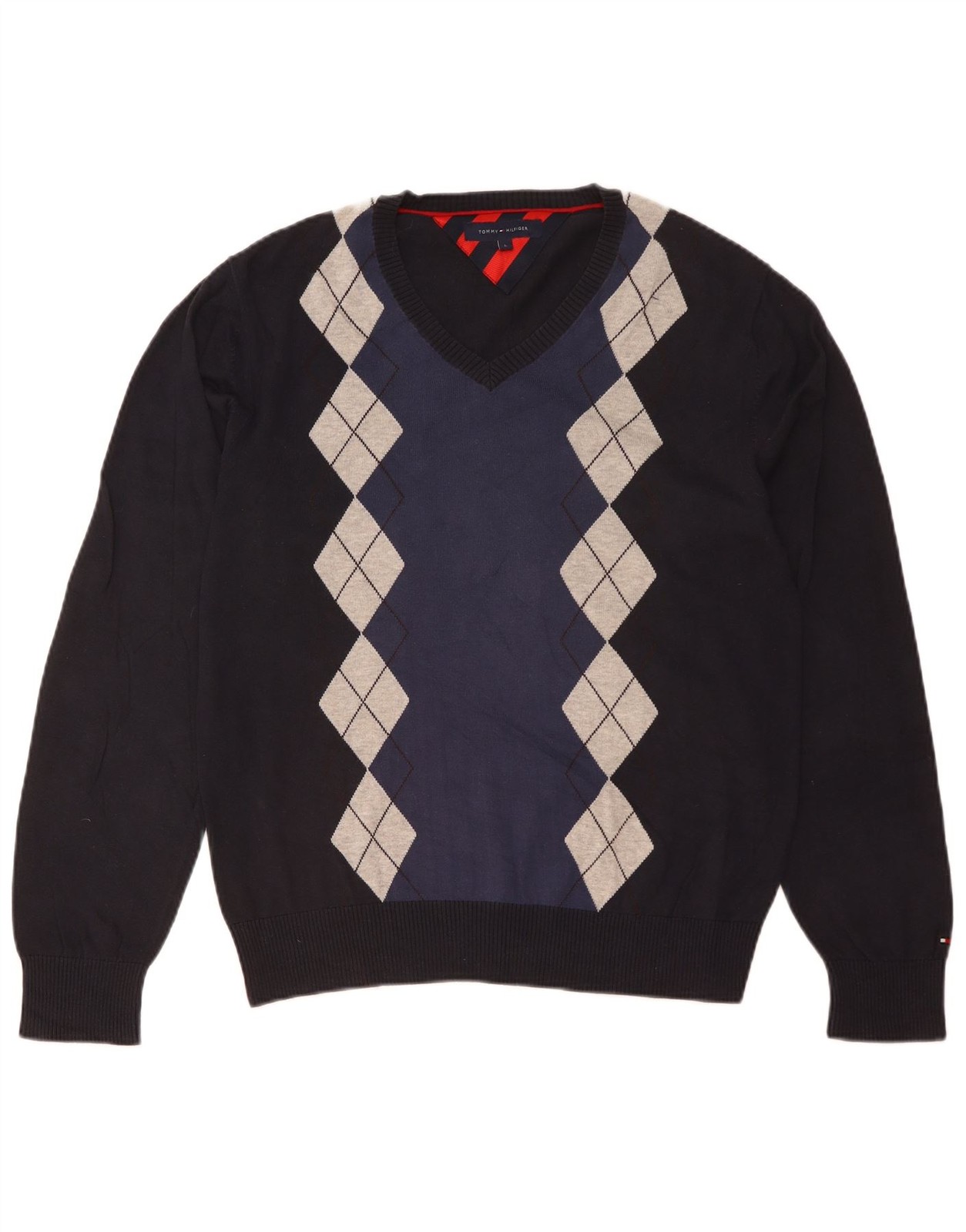 Tommy Hilfiger Mens V-Neck Jumper Sweater Large Navy Blue Argyle/Diamond AT32