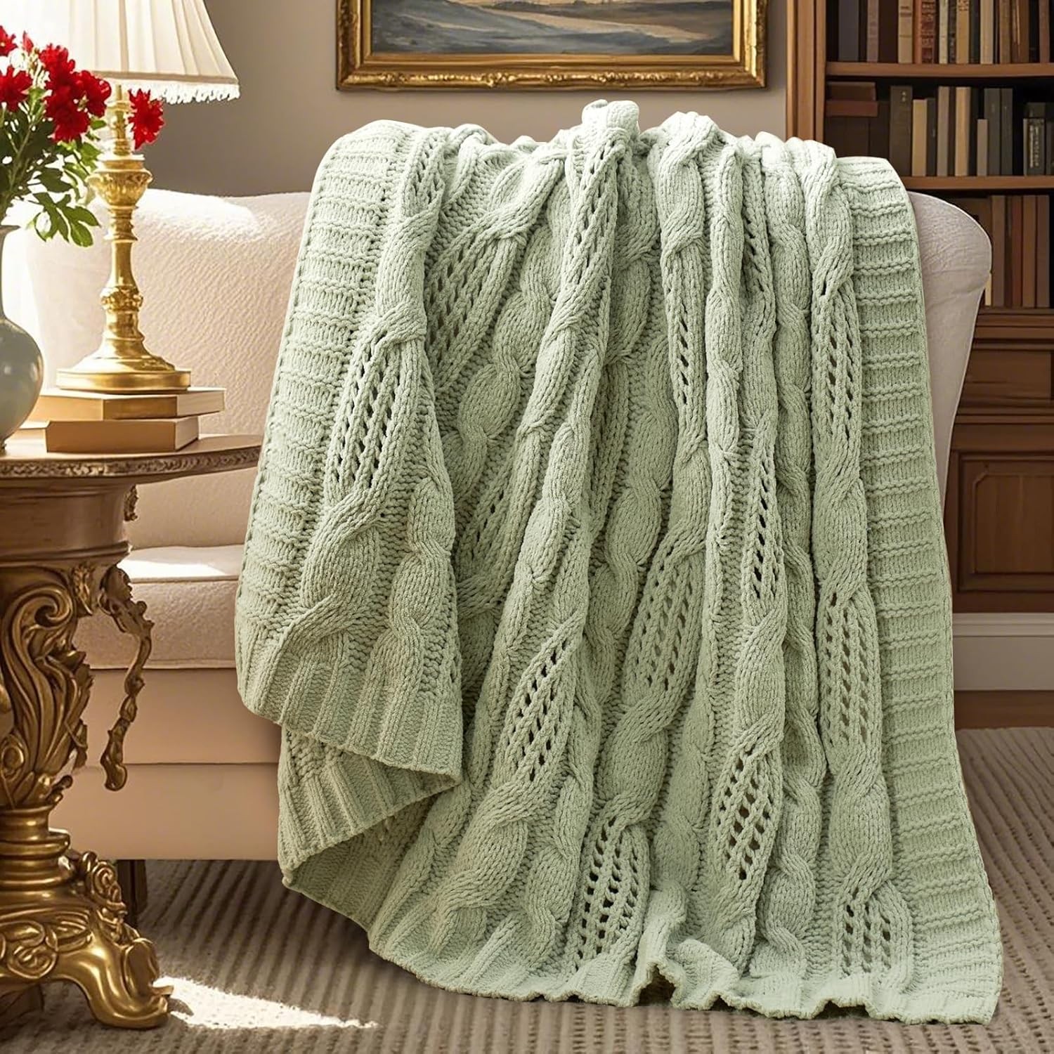 Amélie Home Chunky Knit Chenille Throw Blanket Breathable Cable Knitted Blanket