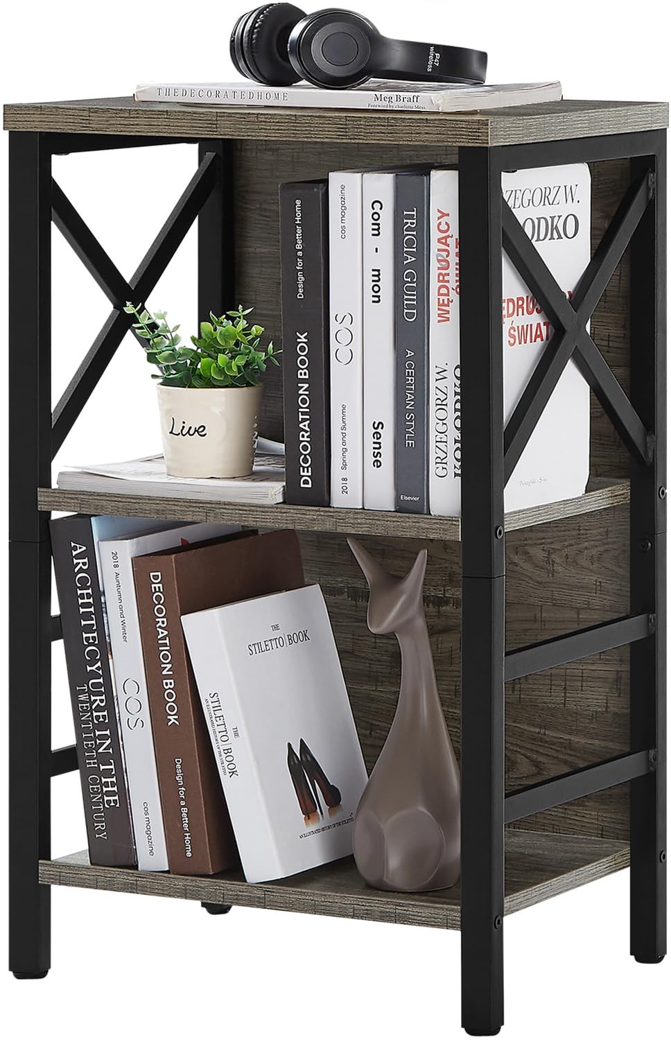 MNEETRUNG Small Bookcase,3 Tier 3-Tier (15.7"W x 11.8"D x 27.6"H), Grey