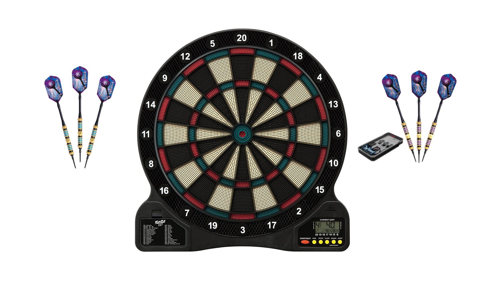 Electronic Soft Tip Dartboard + Wizard Blue/Black Darts + Purple/Black