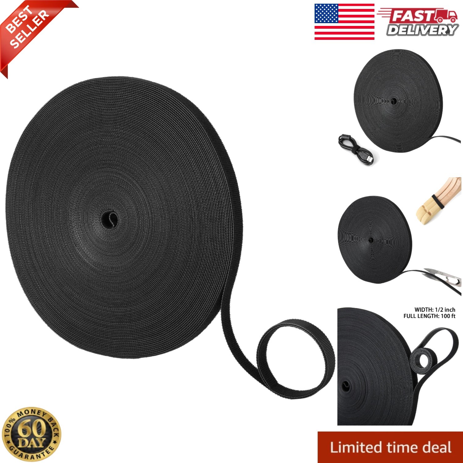 1/2In X 100Ft Hook and Loop Roll | Double-Sided Strips Self-Gripping Straps