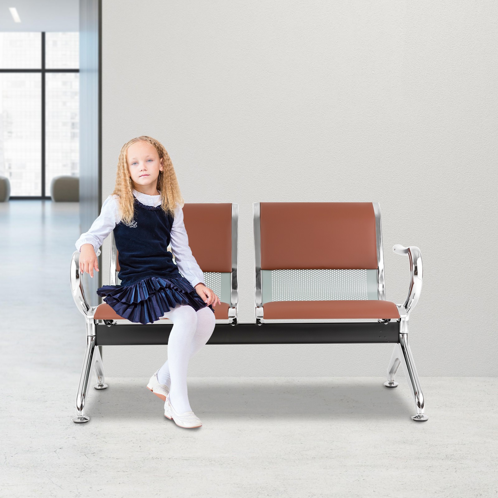 2 Seat Waiting Room Chair Reception Guest Chair Office Bank Airport Bench Brown