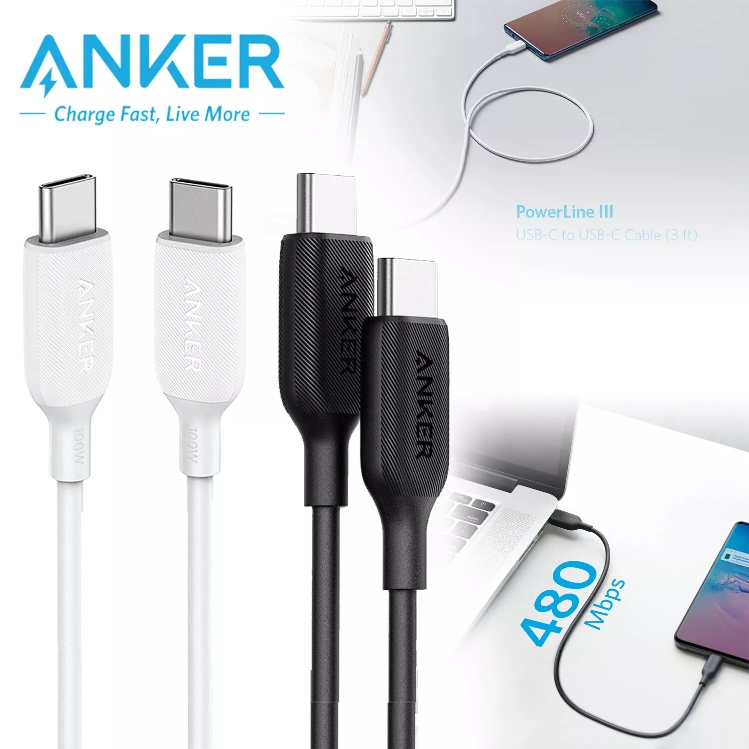 Anker 10ft USB C to USB C Charging Cable Fast Charge for iPhone Samsung (2-Pack)