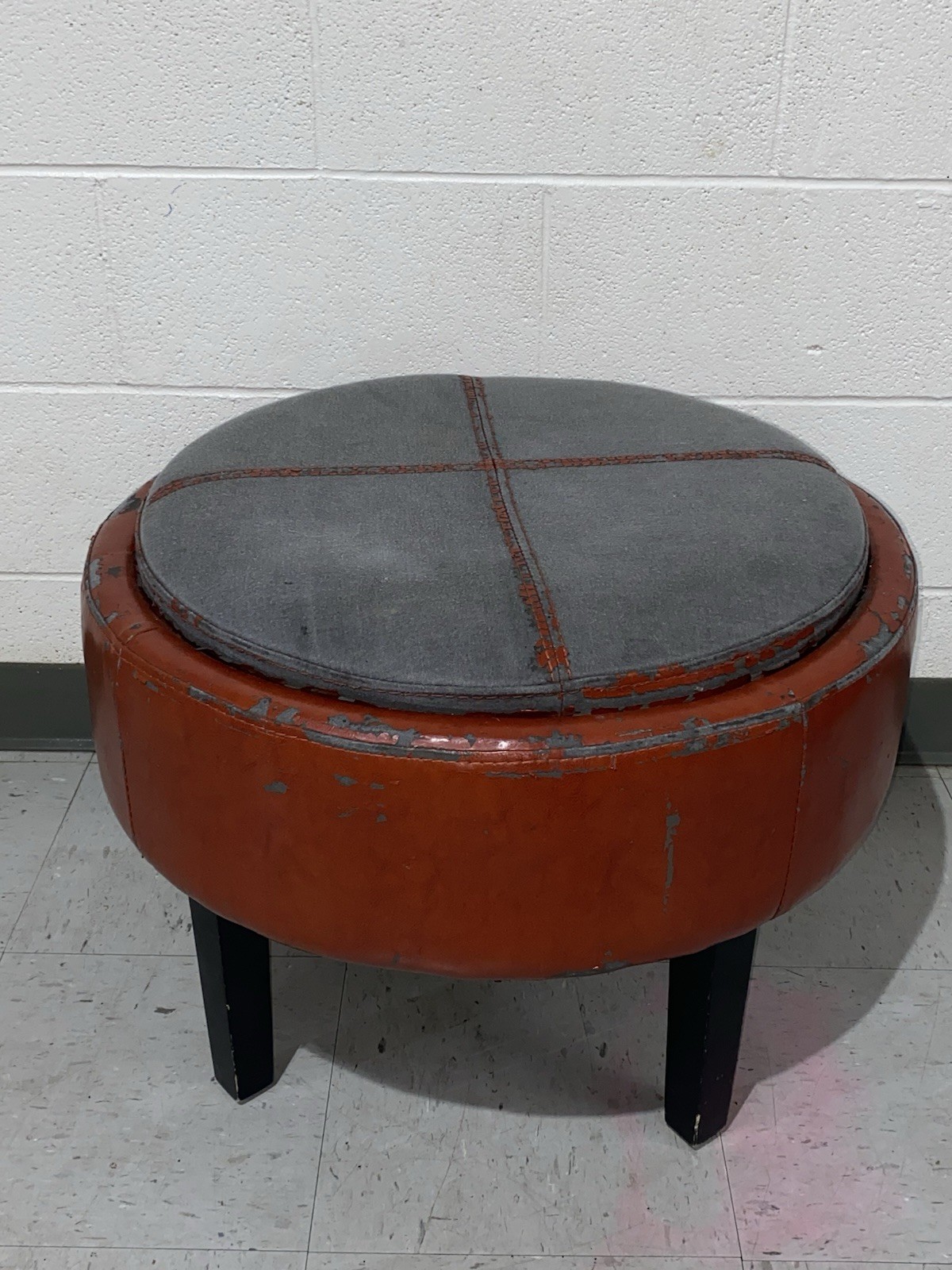 Partial Leather Large Storage Ottoman in Orange/ Basketball Style -