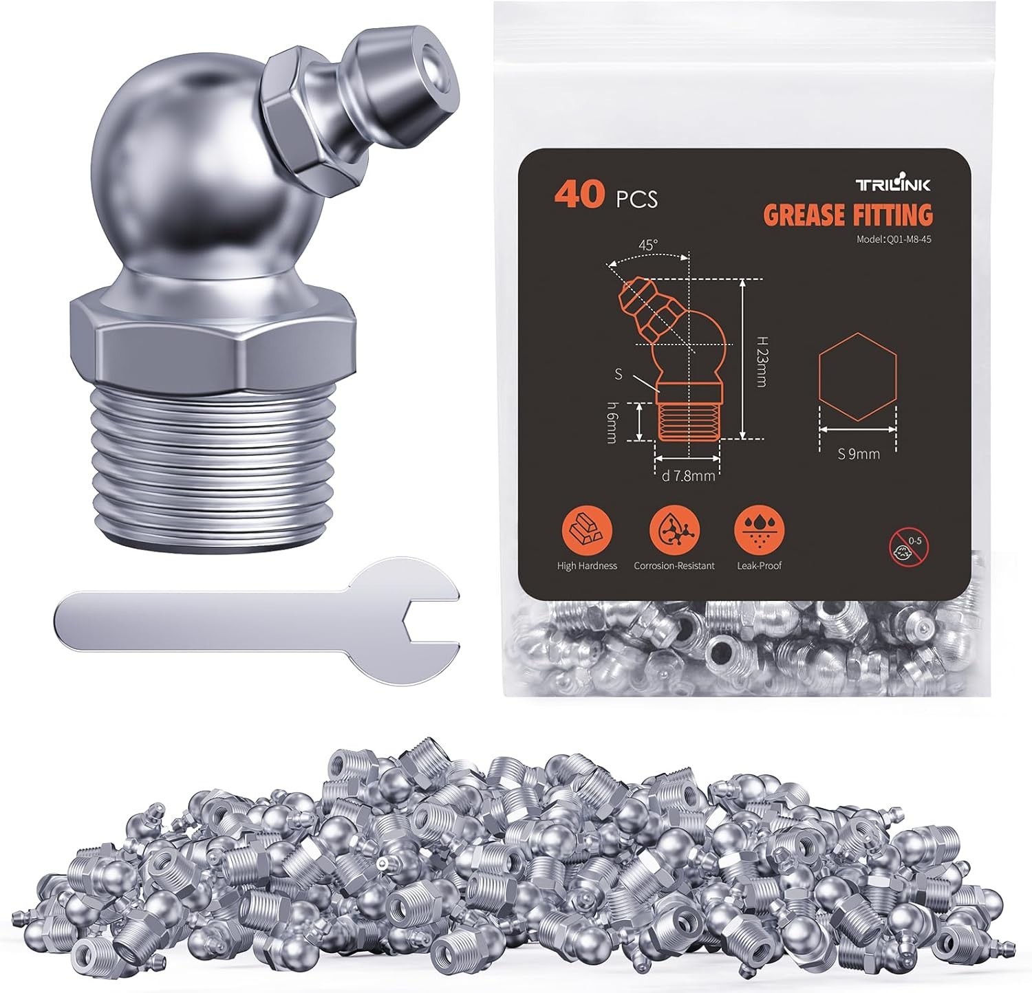 M8 Zerk Grease Fittings Grease Nipples with 45-Degree M8-45°(40pcs) Metric