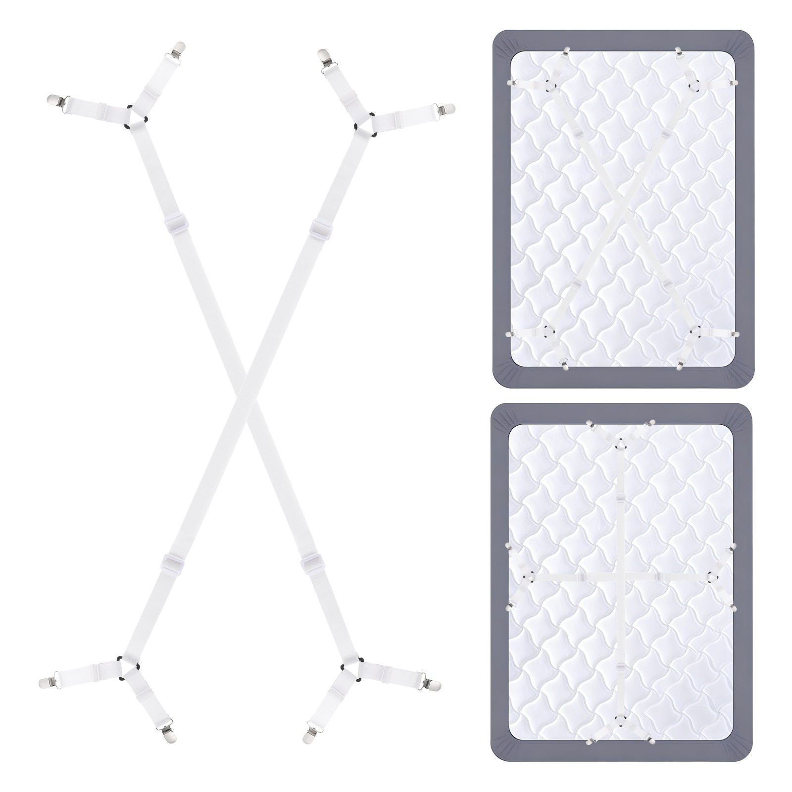 2Pcs Bed Sheet Holder Straps Elastic Adjustable 2 Way Cross 4 Clips, White