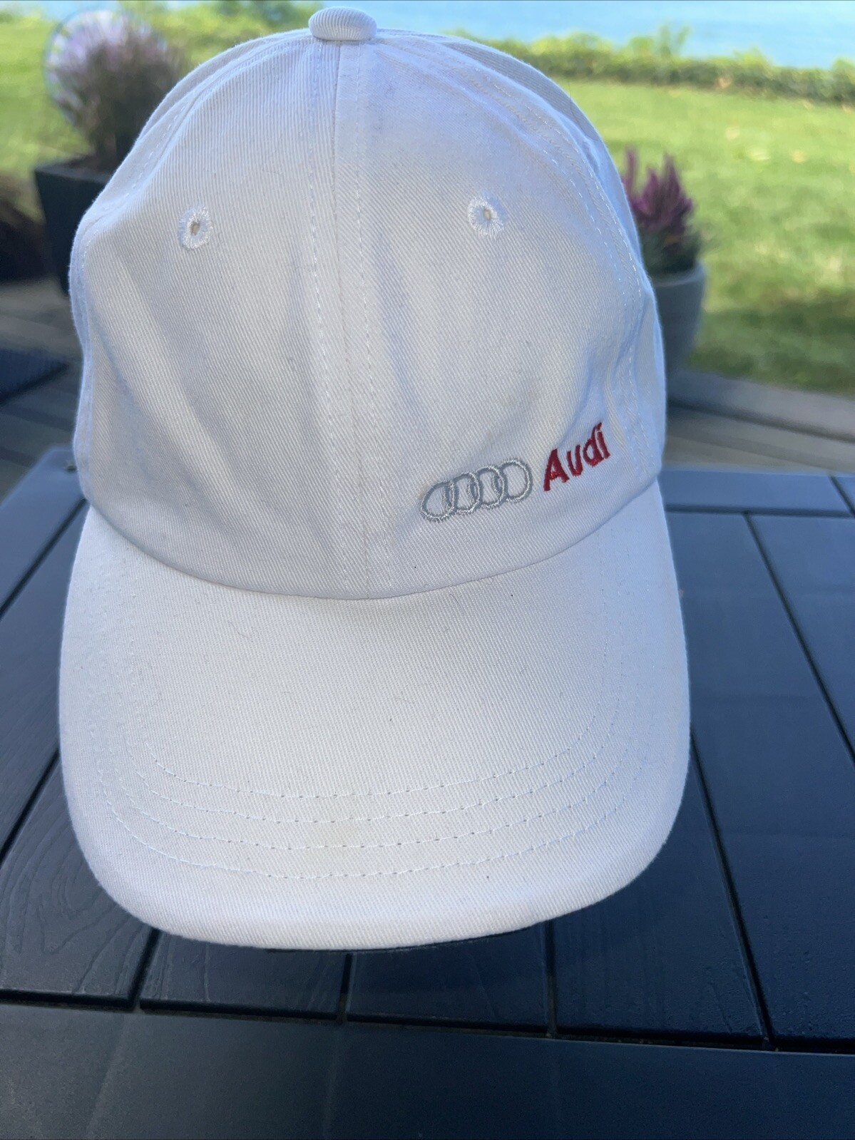 Audi Logo Letters in Red on White Hat Cap Hook Loop Audi Lexington Red Bill Edge