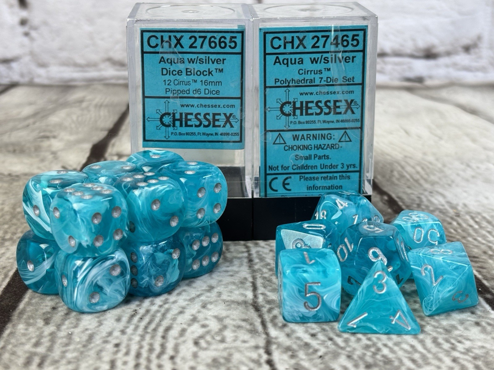 Chessex Cirrus Aqua w/Silver Dice Sets 12d6 CHX27665 & RPG 7pc CHX27465 w/Cases