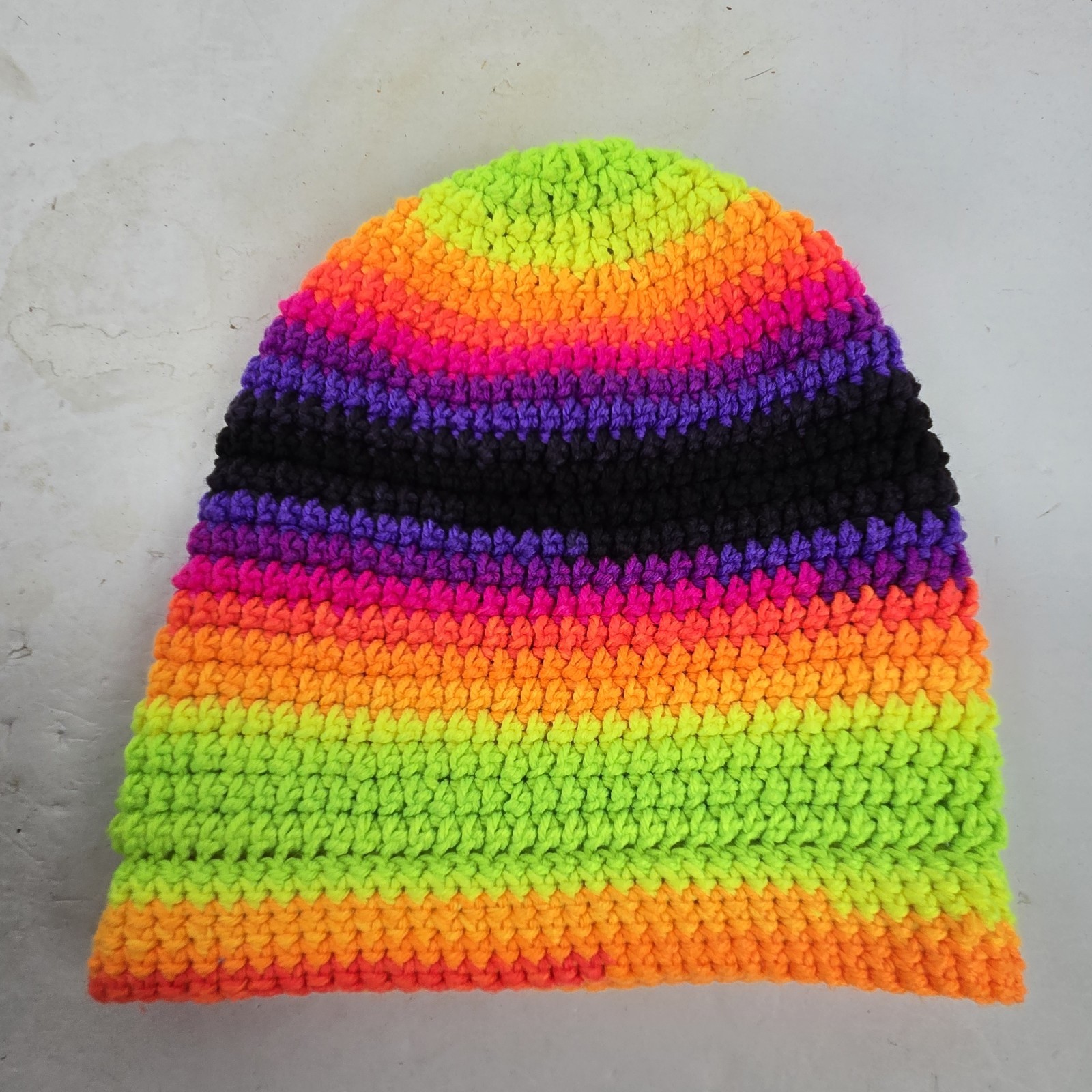 NEW Crochet Bright Neon Striped Toboggan Ski Hat Beanie Boho Unisex Adult OSFM