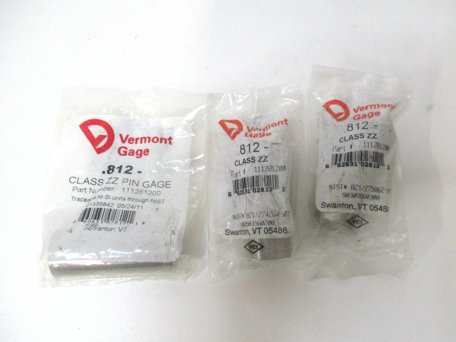 Vermont Gage (111281200) 0.812" Tolerance Class ZZ Steel No-Go Pin Gage - Qty 3