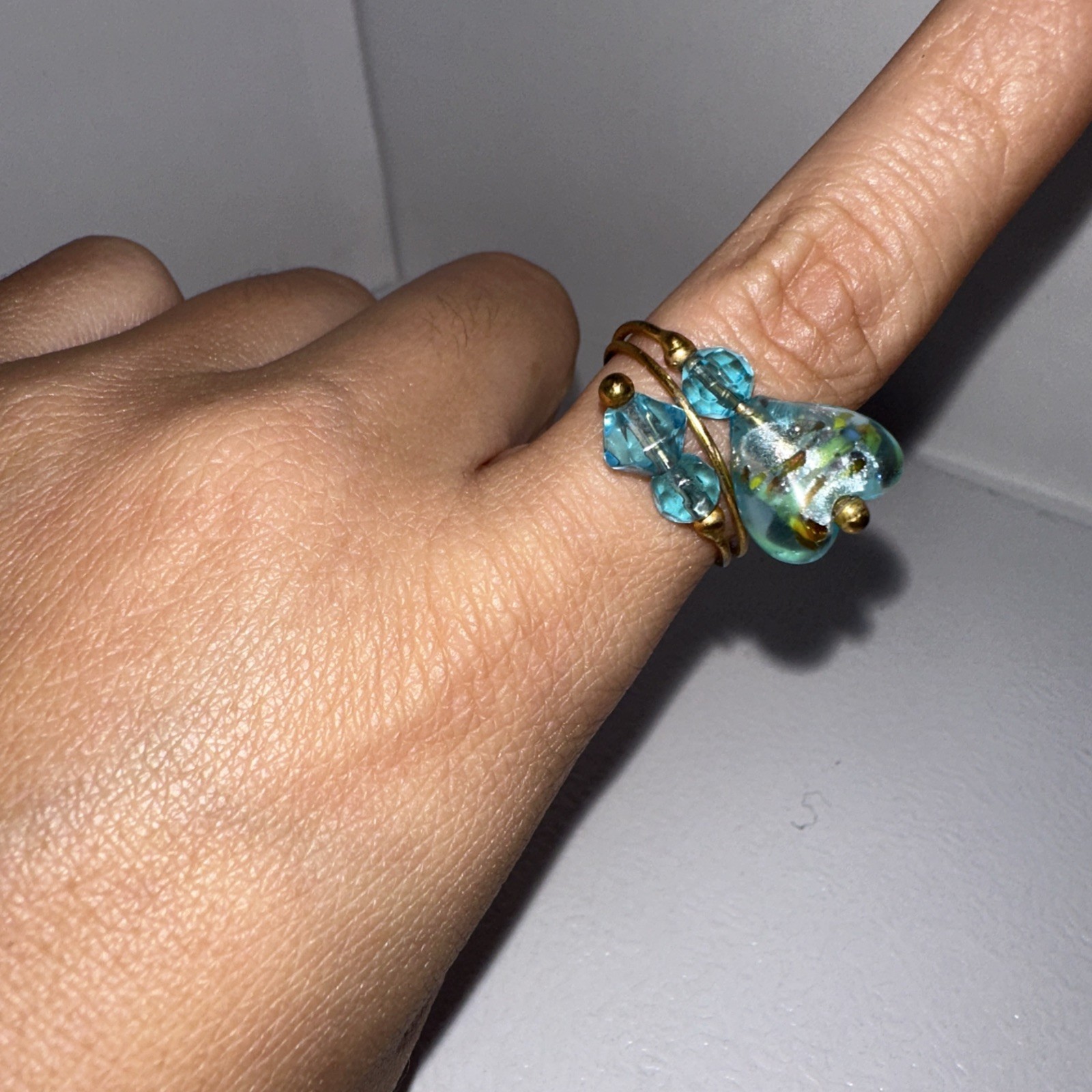 Wire Wrap Ring Blue Aquamarine Heart Beaded