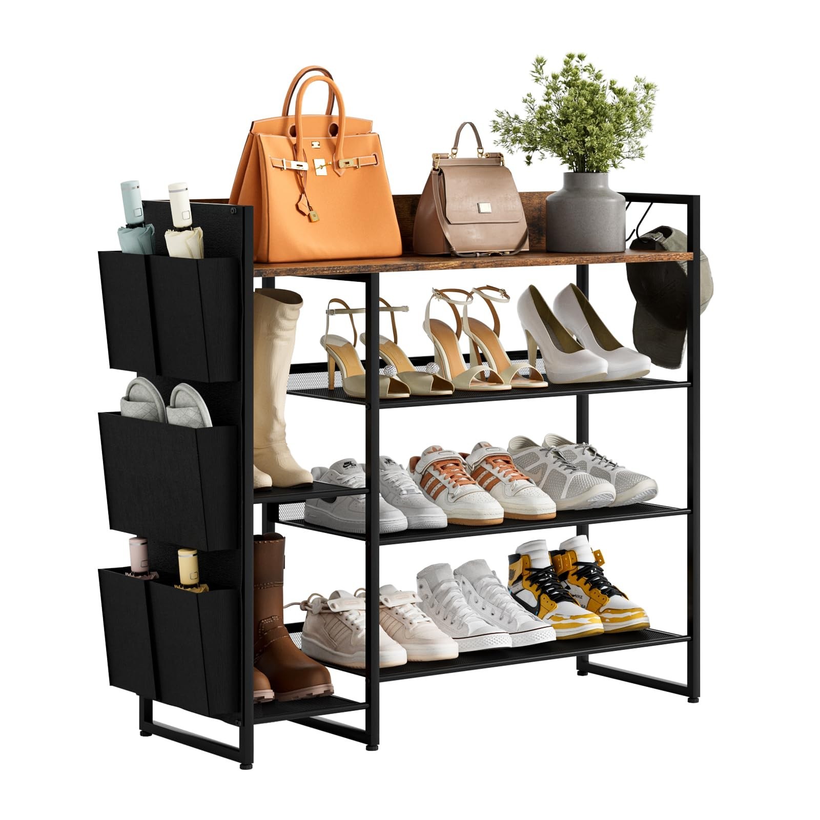 Katrawu Shoe Rack Bench 4-Tier Brown - Free Standing Storage Bag for Entryway