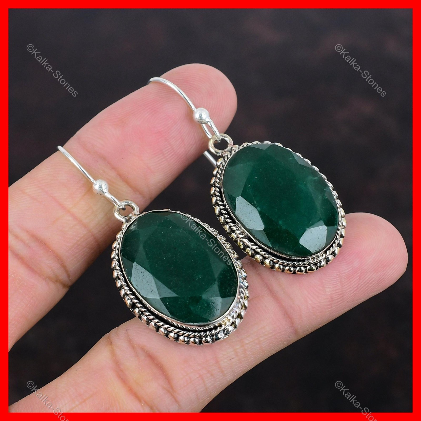 925 Sterling Silver Zambian Emrald Stone Dangling Ethnic Bezel Vintage Earrings