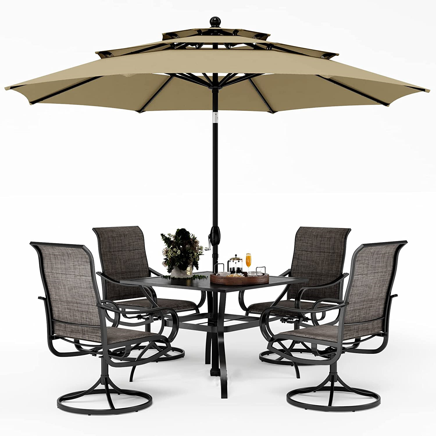 Patio Furniture Set of 6 with Umbrella Swivel Chairs Outdoor Dining Set