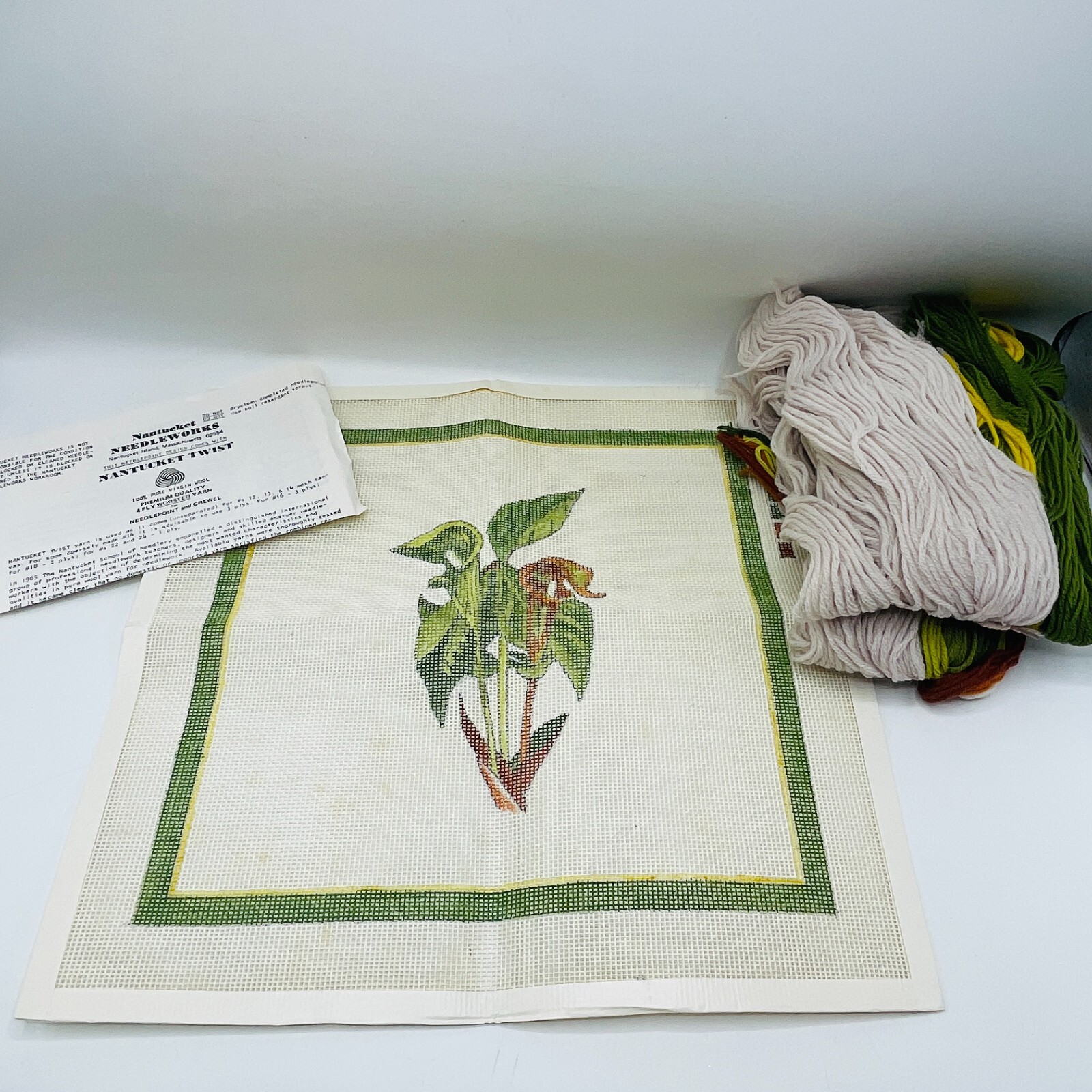Vintage 1982 Hand Painted Nantucket Needleworks Tropical Floral 12x12 With Yarn