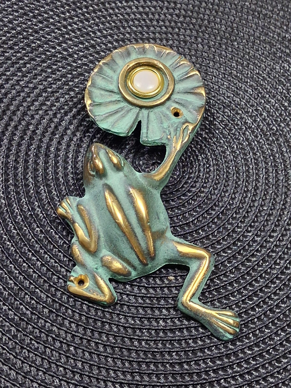 Vtg Frog With Lily Pad Door Bell Brass With Green Painted Patina