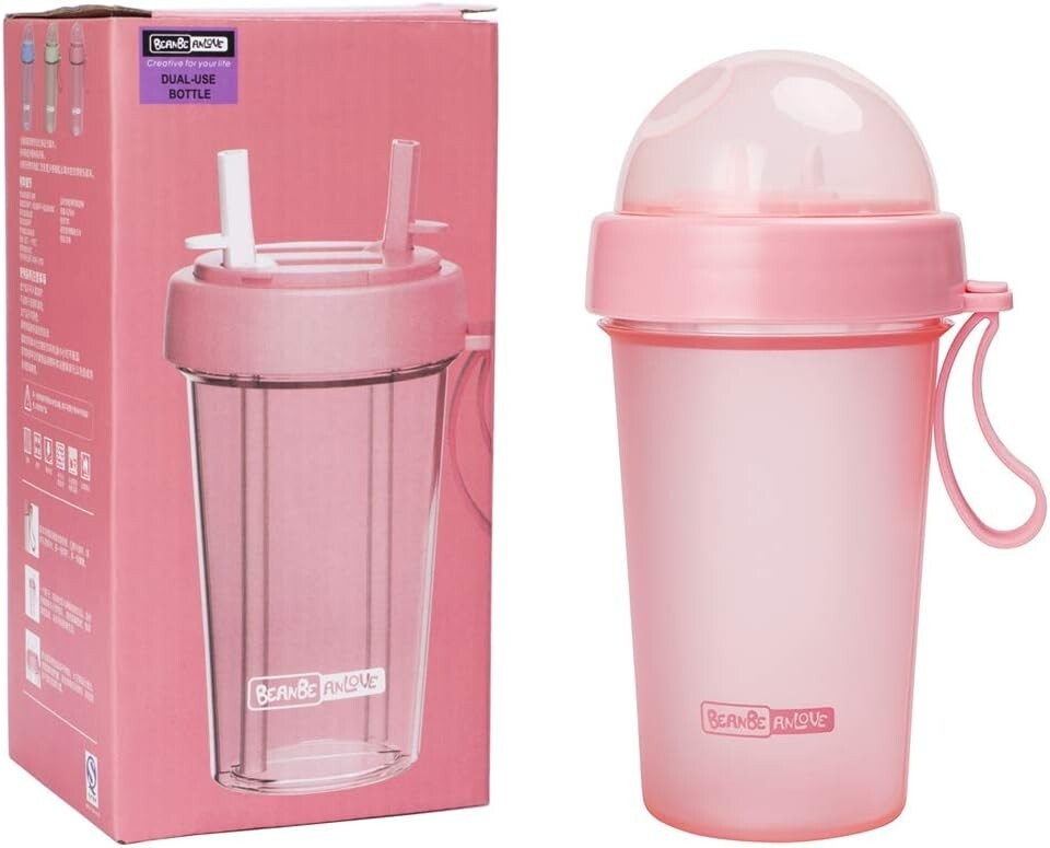 Dual-use Practical Water Bottle w/Straw Frosted, Leak-Proof, Anti-Fall 14oz PINK