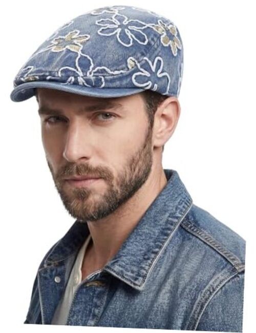 Flat Cap for Men Cotton Plaid Ivy Newsboy Hat Classic Flowers - Medium Blue