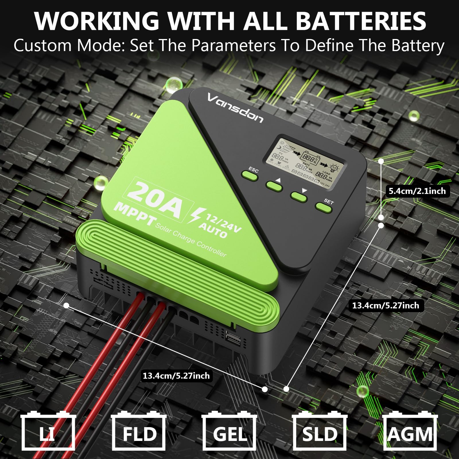 Vansdon 20A Solar Charge Controller 12V/24V MPPT Solar Charge Controller, Adjust