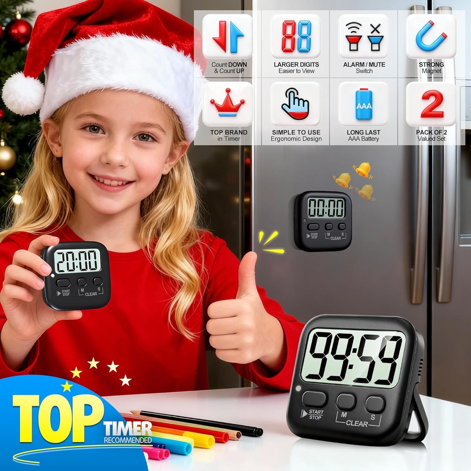 Magnetic Digital Timer Set: Perfect for Cooking & Classroom Activities - Black