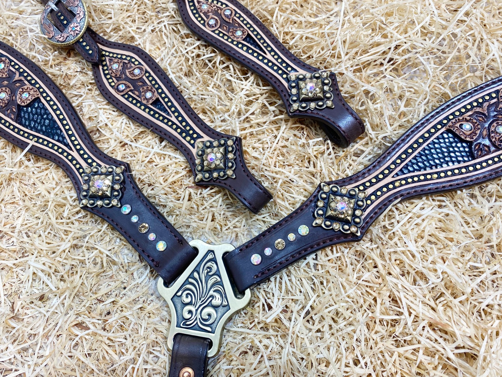 Western Leather Headstall Set Horse Decorated with Paisley Carving Gifts MOUSM