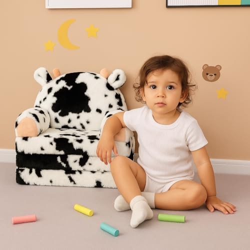 Toddler Chair with Faux Rabbit Fur – 2-in-1 Foldable Kids Couch, Soft Sofa cow