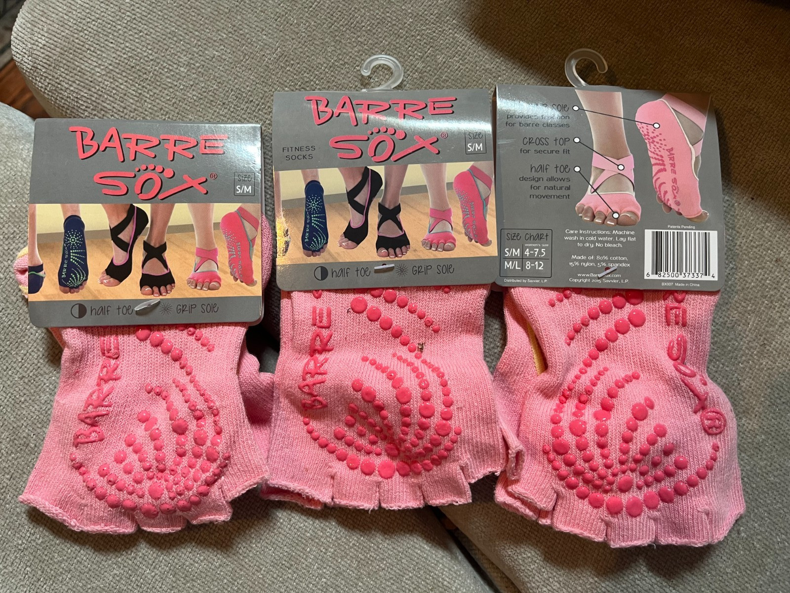 3 Pairs Barre Sox Fitness Socks Size M/L Half Toe Grip Sole NEW Yoga Cross  Pink