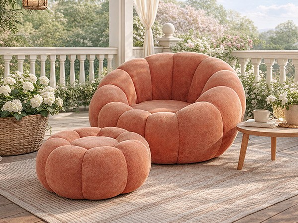 Pumpkin Shape Lounge Chair & Footstool - Brown