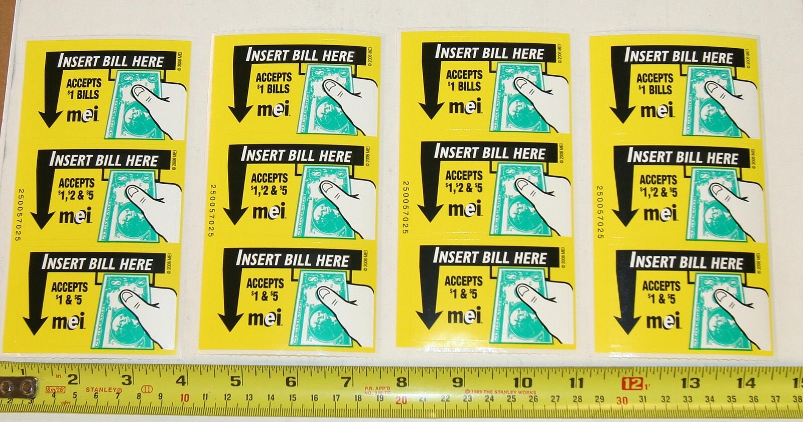 Mars yellow decal label sets for bill acceptor validators, qty. 4 for 1 price