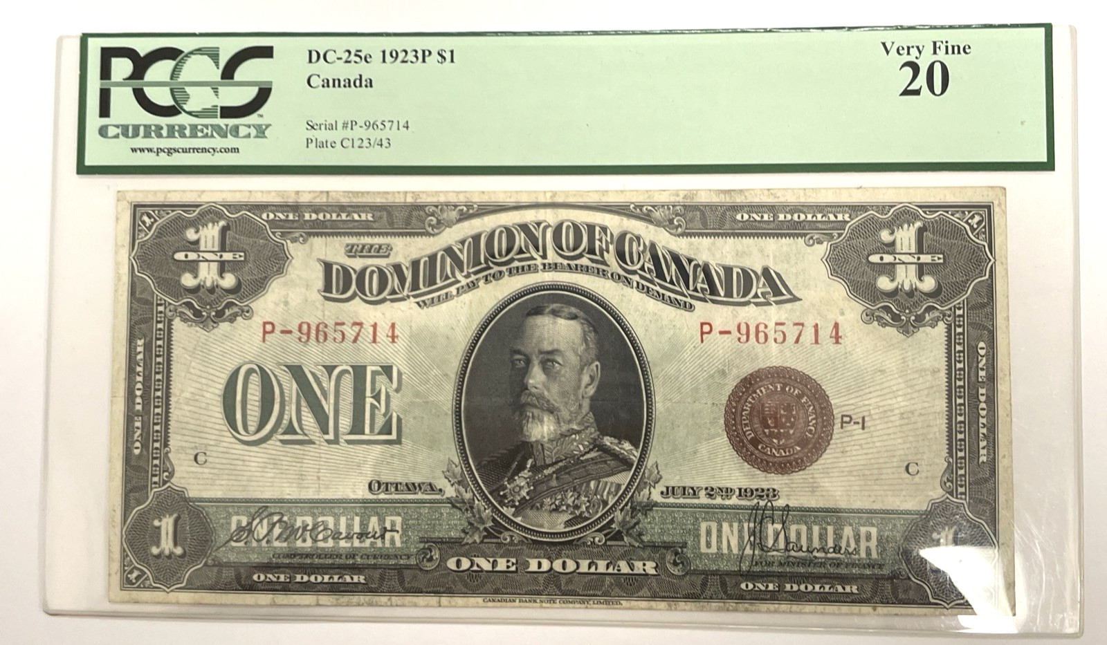 1923 $1 Dollar Canada, Bank of Canada Banknote DC-25e  PCGS 20