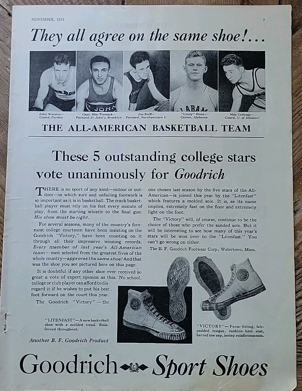 1931 Goodrich Athletic sports shoes all american basketball team vintage shoe ad