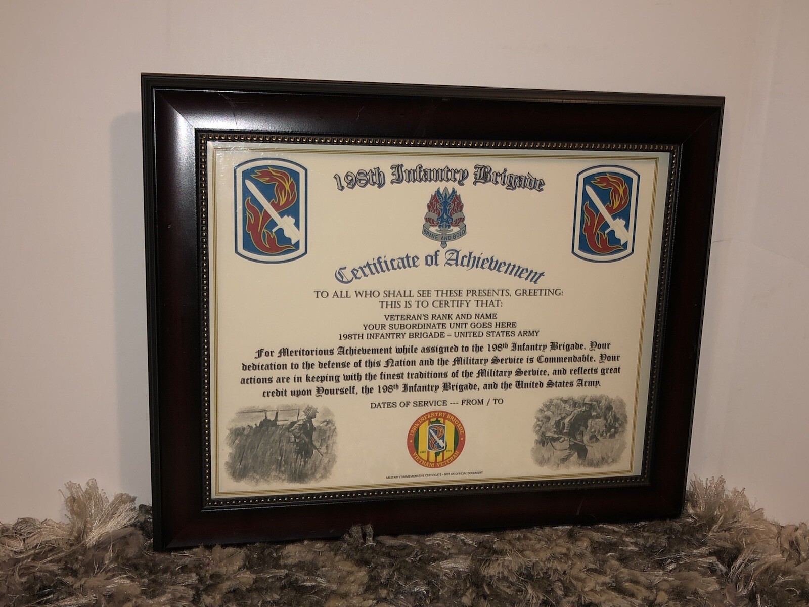 198TH INFANTRY BRIGADE - COA / (COMMEMORATIVE CERTIFICATE)