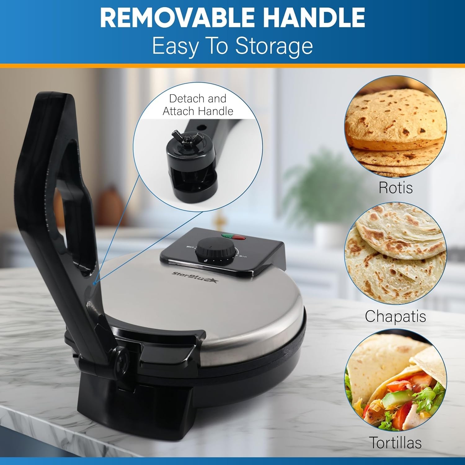 Electric Roti Maker 10-Inch - Includes Roti Warmer, Removable Handle, Easy Use