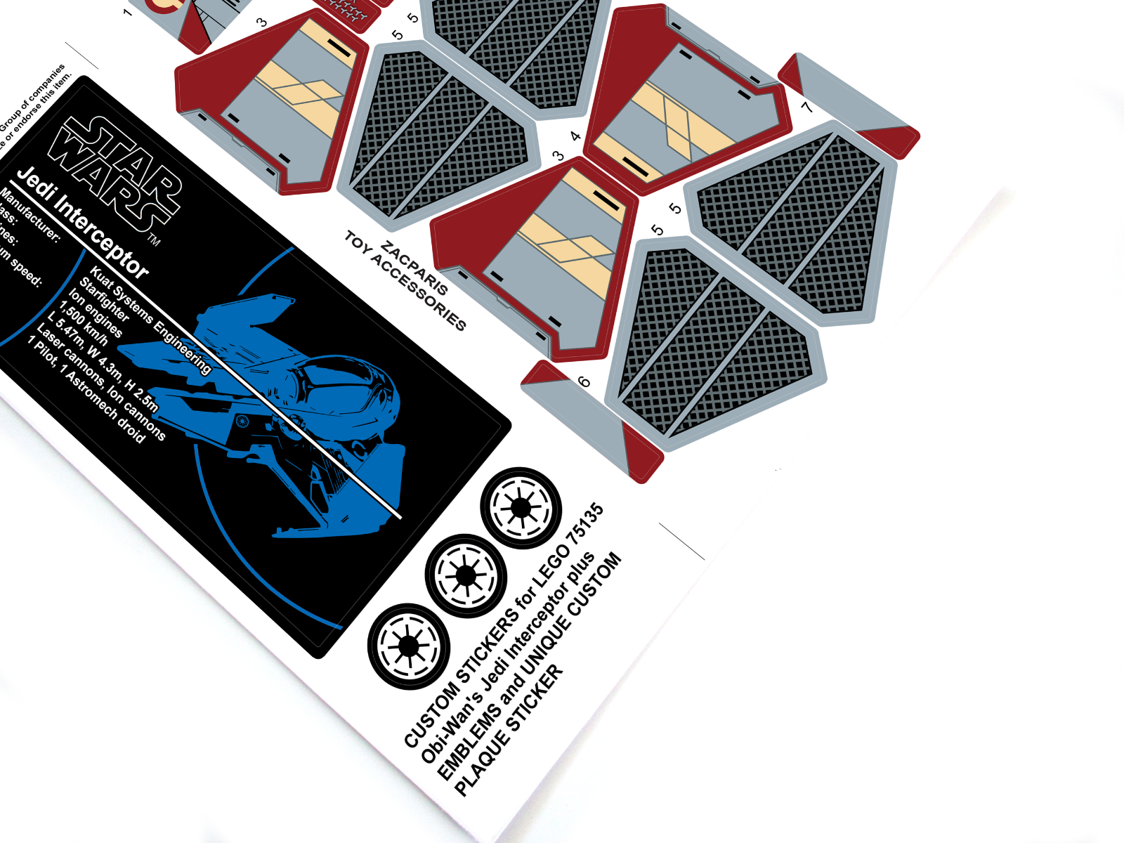 CUSTOM STICKERS for Set 75135 Obi-Wan's Jedi Interceptor , MODELS, Etc + EXTRAS