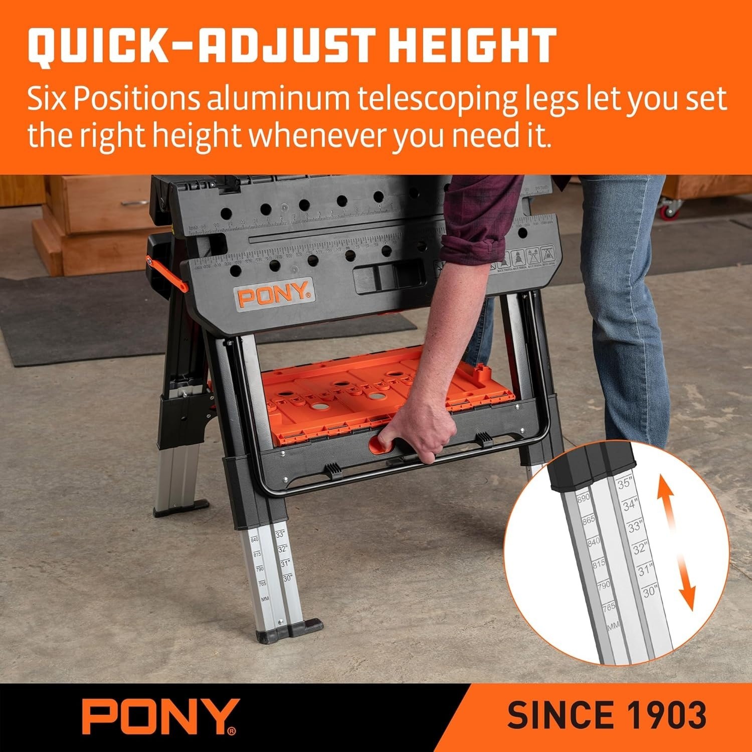 Pony Folding Work Table Sawhorse Workbench Adjustable w/ Clamps