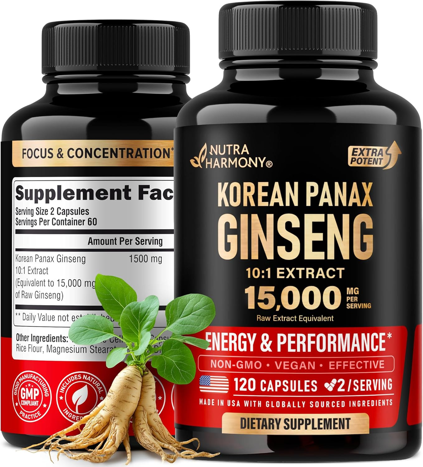 Panax Ginseng 15,000 Mg - Red Korean Ginseng Supplement for Men - Extra Strength
