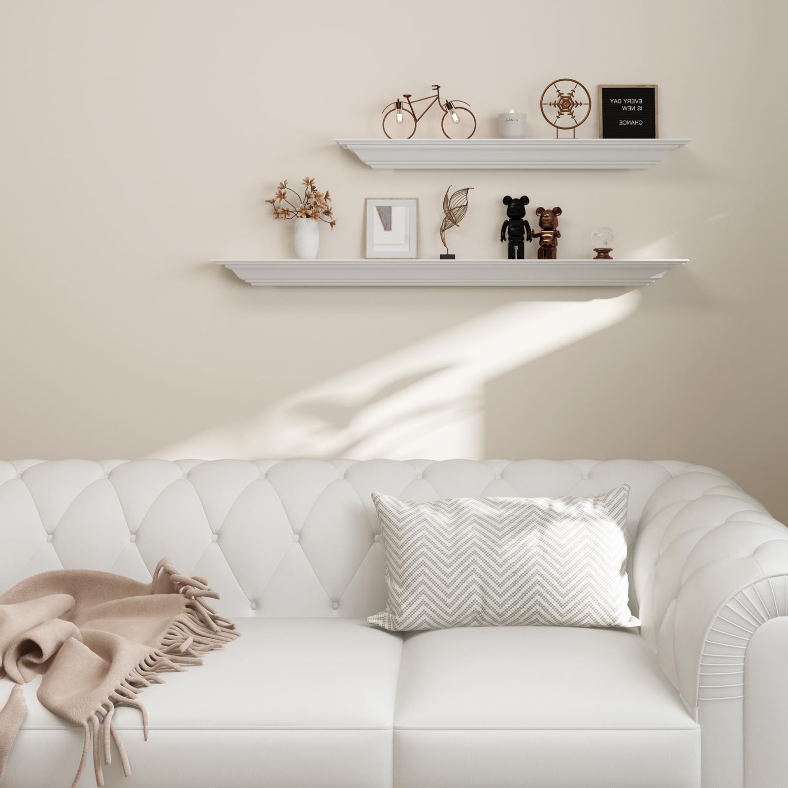 Solid Wood White Floating Shelves Wall Mounted, Molding Floating Wall Display...