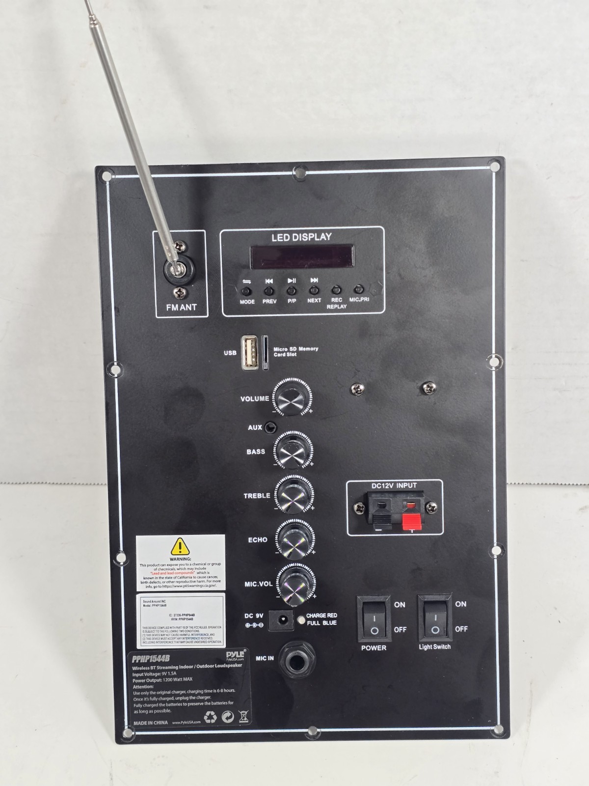 Pyle PPHP1544B Rear Control Panel Amplifier Board Bluetooth USB FM Mic Inputs